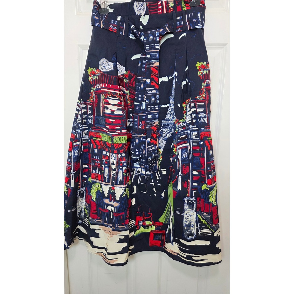 NEW Her Destiny Paris City Print Midi Skirt Womens Large Navy Blue‎ Eiffel Tower